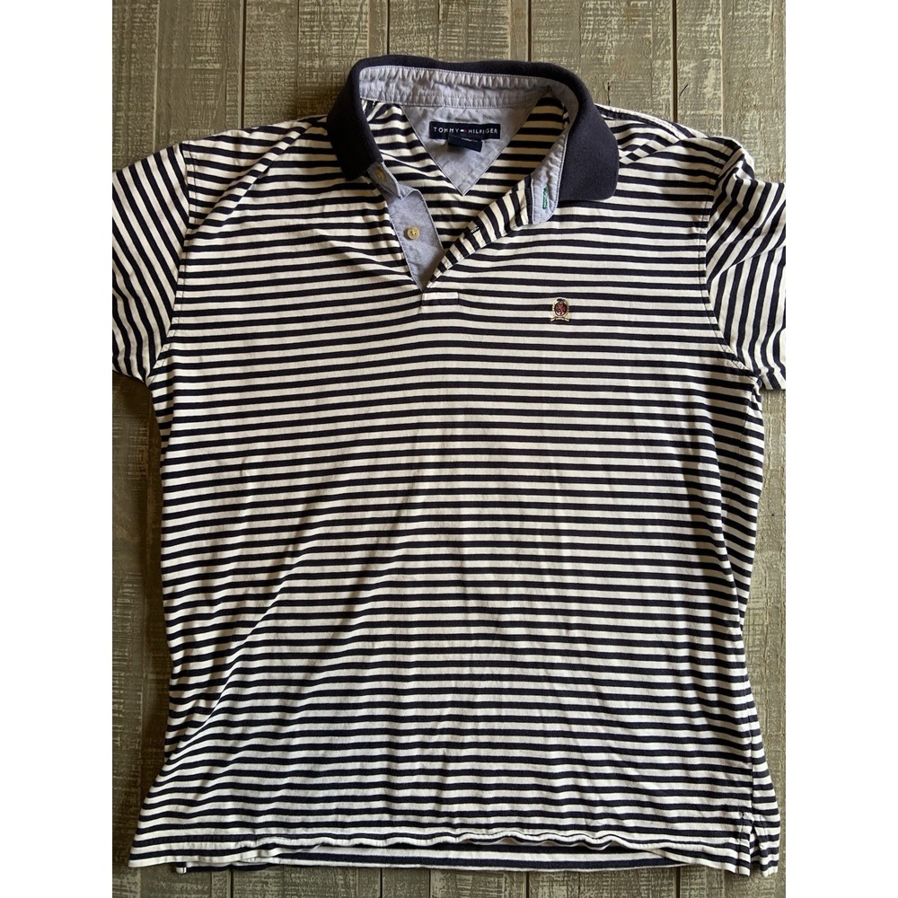 Vintage Tommy‎ Hilfiger Shirt Mens XL Blue White Rugby Polo Short Sleeve